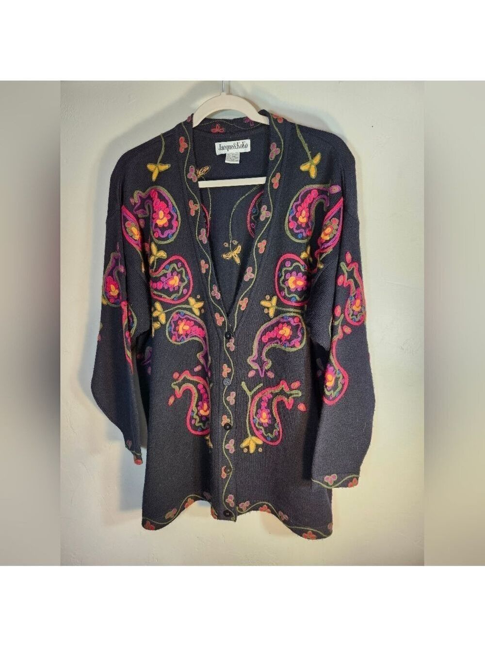 Jacque & Koko Multicolor Embroridered Paisley Knit Cardigan Sz 14/16